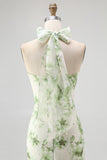 Green Halter-Neck Tie-Back Backless Pleated Floral Maxi Dress