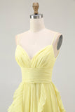 Sunshine Yellow A-Line Spaghetti Straps Pleated Long Bridesmaid Dress