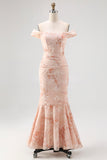 Champagne Mermaid Off The Shoulder Floral Burnout Ruffled Maxi Dress