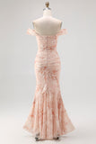Champagne Mermaid Off The Shoulder Floral Burnout Ruffled Maxi Dress