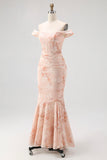 Champagne Mermaid Off The Shoulder Floral Burnout Ruffled Maxi Dress