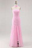 Pink Strapless Ruched Mermaid Long Bridesmaid Dress with Slit