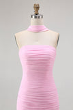 Pink Strapless Ruched Mermaid Long Bridesmaid Dress with Slit