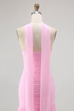 Pink Strapless Ruched Mermaid Long Bridesmaid Dress with Slit