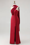 One-Shoulder Draped Long Bridesmaid Dress with Side Slit