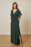 Dark Green Ruched Mother of the Bride Dress with Flutter Sleeves