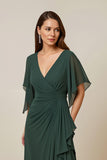 Dark Green Ruched Mother of the Bride Dress with Flutter Sleeves