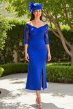 Off the Shoulder Sheath Midi Royal Blue Mother of the Bride Dress with Lace