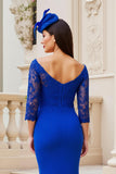 Off the Shoulder Sheath Midi Royal Blue Mother of the Bride Dress with Lace