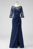 Navy Sheath Satin Boat Neck Long Mother of the Bride Dress with Sash