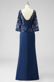 Navy Sheath Satin Boat Neck Long Mother of the Bride Dress with Sash