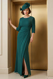 Pine Chiffon Sheath Ruched Long Mother of the Bride Dress with Slit