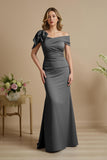 Dusty Blue Mermaid Satin Off The Shoulder Mother of the Bride Dress with Bow