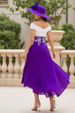 A Line Purple V-Neck Ruched Mother of the Bride Dress with Lace Appliques
