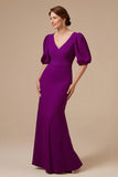 Grape Mermaid V-Neck Ruched Half Sleeve Mother of the Bride Dress