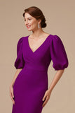 Grape Mermaid V-Neck Ruched Half Sleeve Mother of the Bride Dress