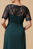 Pine Sheath V-Neck Short Sleeve Mother of the Bride Dress with Lace