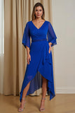 A-Line Royal Blue V-Neck 3/4 Sleeve Chiffon Mother of the Bride Dress with Ruffles
