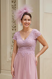 Dusty Rose A-Line V-Neck Long Mother of the Bride Dress with Lace