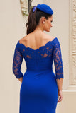 Royal Blue Off the Shoulder 3/4 Sleeve Mother of the Bride Dress with Lace