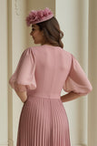 Dusty Rose A-Line V-Neck Chiffon Long Mother of the Bride Dress with Ruffles