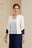 A-Line Navy Bateau Neck 3-Piece Mother of the Bride Dress with Lace