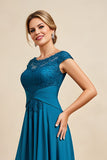 Peacock Blue A-Line Bateau Neck Ruched Mother of the Bride Dress with Lace Appliques