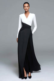 Black and White Long Sleeve A-line Formal Dress