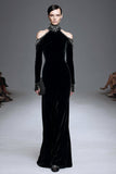 Velvet Black High Neck Long Sleeves Formal Dress