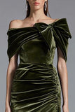 Off the Shoulder Olive Ruched Long Formal Dress with Bow