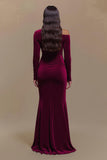 One Shoulder Satin Long Sleeves Burgundy Formal Dress with Slit