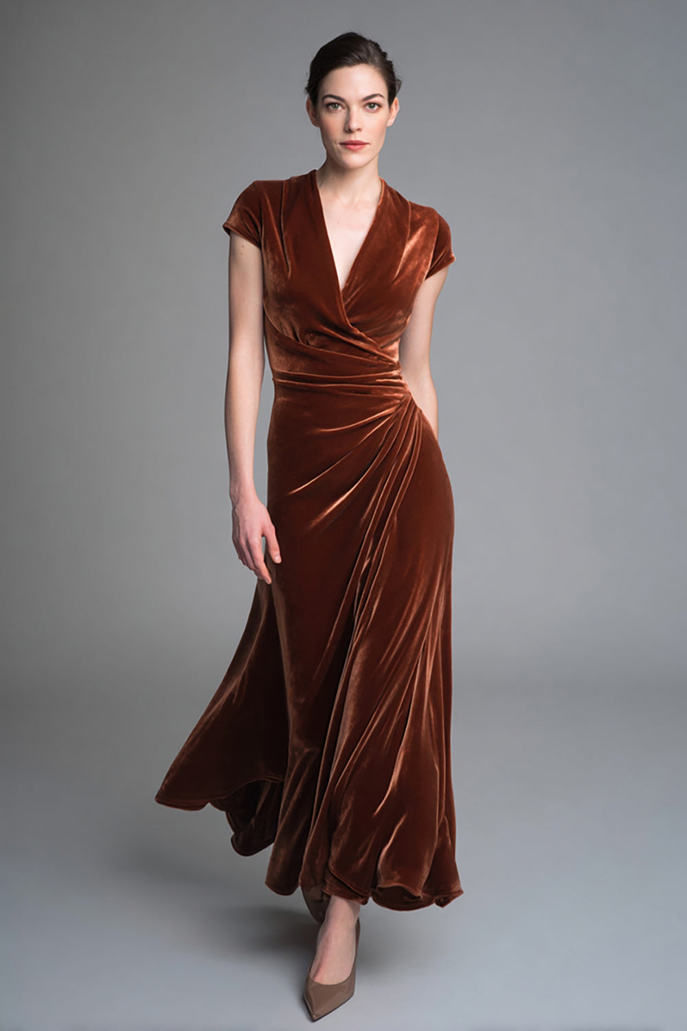 WEDTREND Women Caramel Velvet Holiday Party Dress Ruched V Neck Formal