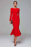 Red Mermaid Long Sleeve Midi Work Dress