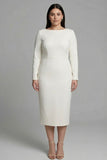 Ivory Sheath Boat Neck Plus Size Midi Work Dress with Long Sleeves