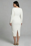 Ivory Sheath Boat Neck Plus Size Midi Work Dress with Long Sleeves