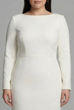 Ivory Sheath Boat Neck Plus Size Midi Work Dress with Long Sleeves