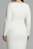 Ivory Sheath Boat Neck Plus Size Midi Work Dress with Long Sleeves