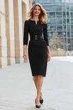 Classic Pencil 3/4 Sleeve Black Work Dress With Belt