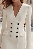 Double Breasted Sheath V-Neck Long Sleeve Ivory Work Dress