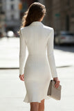Long Sleeve Pencil Notched Lapel Ivory Work Dress With Ruffles