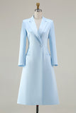 Sky Blue Peaked Lapel A Line Satin Midi Work Dress