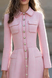 Tweed A-Line Pink Long Sleeve Midi Work Dress