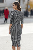 Classic Pencil Black and White Houndstooth Business Casual Dress
