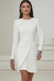Pencil Pleated Ivory Work Dress With Long Sleeves