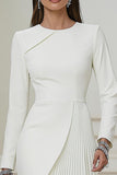 Pencil Pleated Ivory Work Dress With Long Sleeves