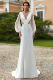 Ivory V-Neck Long Sleeve Wedding Dress With Sequins