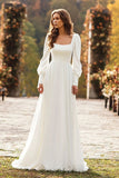 Ivory A-Line Square Neck Long Sleeve Wedding Dress