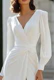 V-Neck Ivory Long Sleeve Sheath Engagement Dress With Slit