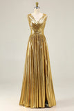 Gold A Line Metallic Sleeveless Prom Dress with Pleats