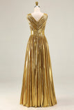 Gold A Line Metallic Sleeveless Prom Dress with Pleats